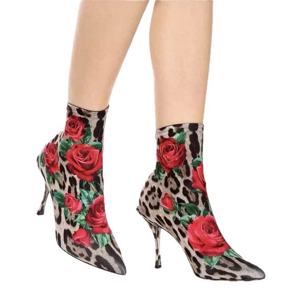 Dolce & Gabbana Floral Leopard Rose Print Stretch booties boots Tan Red 35 - Picture 6 of 8